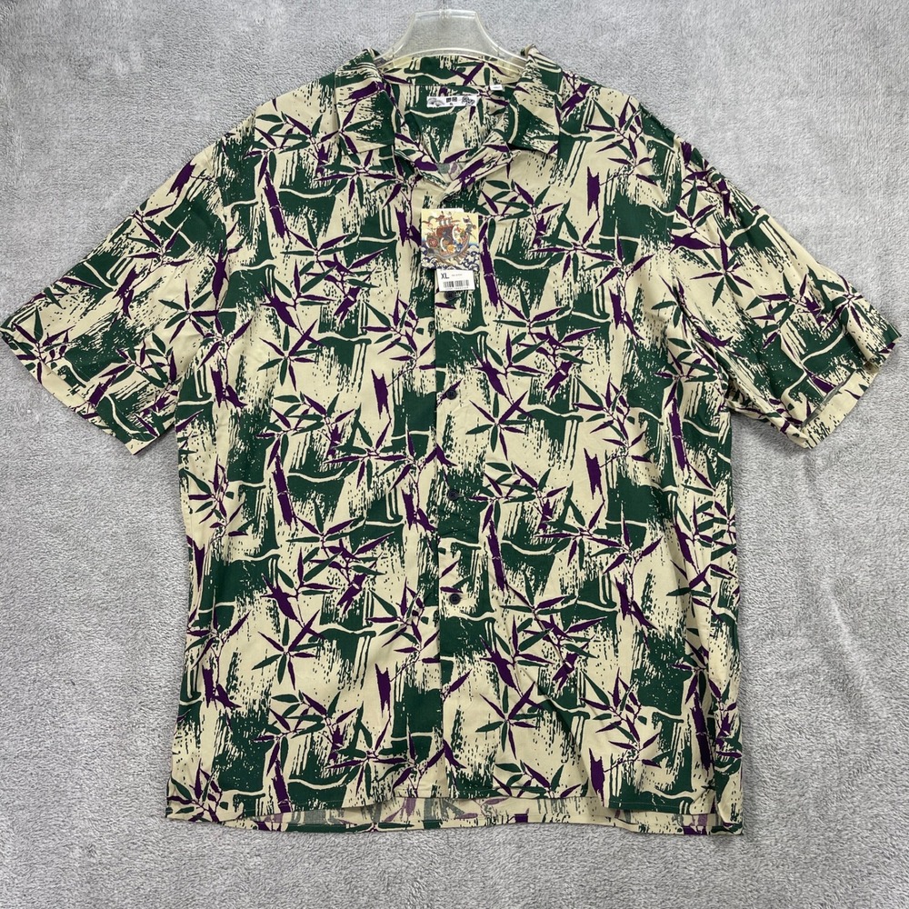 Uniqlo Open Collar Short Sleeve Shirt Men XL Beige Green Bamboo Print Rayon